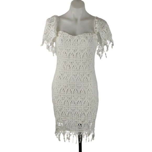 Lioness Dresses & Skirts - Lioness Dress Size Medium White Lined Cap Sleeves Zip-up Back Lace Fringe BNWT